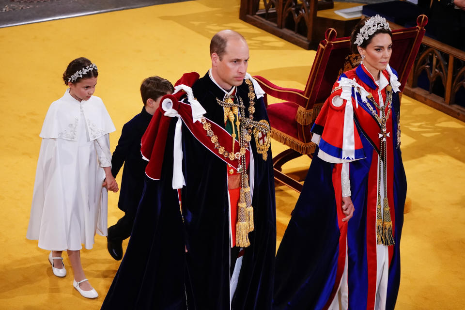 <p>LONDON, ENGLAND - MAY 06: (left to right) Princess Charlotte, Prince Louis the Prince of Wales and the Princess of Wales, leaving the Coronation of King Charles III and Queen Camilla on May 6, 2023 in London, England. The Coronation of Charles III and his wife, Camilla, as King and Queen of the United Kingdom of Great Britain and Northern Ireland, and the other Commonwealth realms takes place at Westminster Abbey today. Charles acceded to the throne on 8 September 2022, upon the death of his mother, Elizabeth II. (Photo by Yui Mok - WPA Pool/Getty Images)</p> 