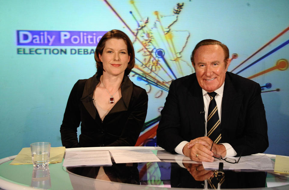 Show's host Stephanie Flanders, BBC Economics Editor and Andrew Neil before The Chancellors Debate on the BBC current affairs programme The Daily Politics at BBC Millbank in London. 