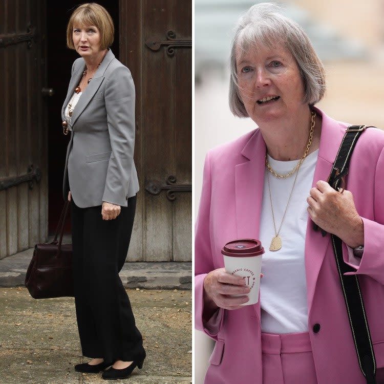Then and now: Harriet Harman pictured in 2012 (left) and outside the Sunday with Laura Kuenssberg show on June 30, 2024