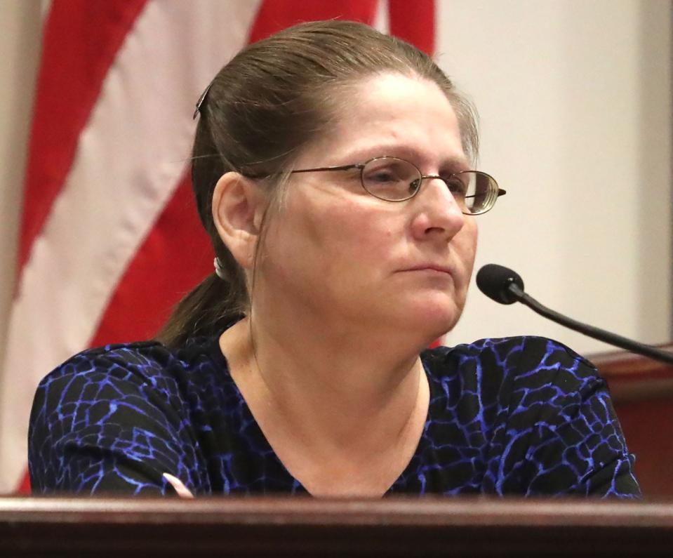 Robert Remus Junior's sister, Kimberly Kuybus, makes a statement, Friday, July 21, 2023, before her brother is sentenced after being convicted of the first-degree premeditated murder of his father, Robert Remus Sr., in 2012.