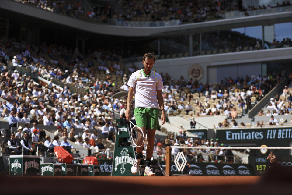 Russia's Daniil Medvedev walks towards the baseline during the first round match of the French Open tennis tournament against Brazil's Thiago Seyboth Wild at the Roland Garros stadium in Paris, Tuesday, May 30, 2023. (AP Photo/Aurelien Morissard)