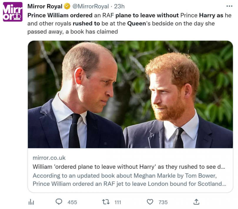 威廉被爆在前英國女王離世當天「不等哈利上飛機」就下令起飛趕路。（圖／翻攝自推特）