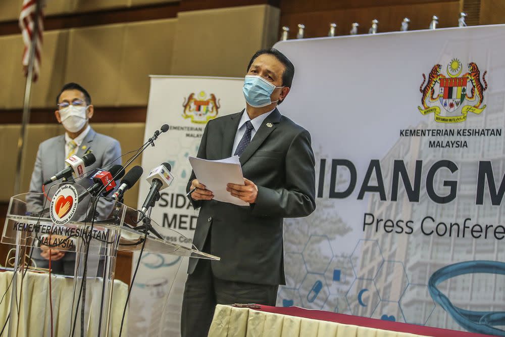 File picture shows Health director-general Tan Sri Dr Noor Hisham Abdullah speaking during his daily press conference on Covid-19 in Putrajaya February 9, 2020. — Picture by Hari Anggara