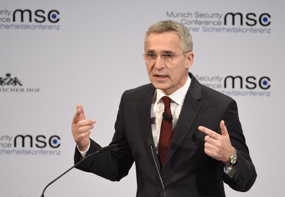 NATO Secretary General Jens Stoltenberg speaks on the second day of the Munich Security Conference in Munich, Germany, Saturday, Feb. 15, 2020. (AP Photo/Jens Meyer)