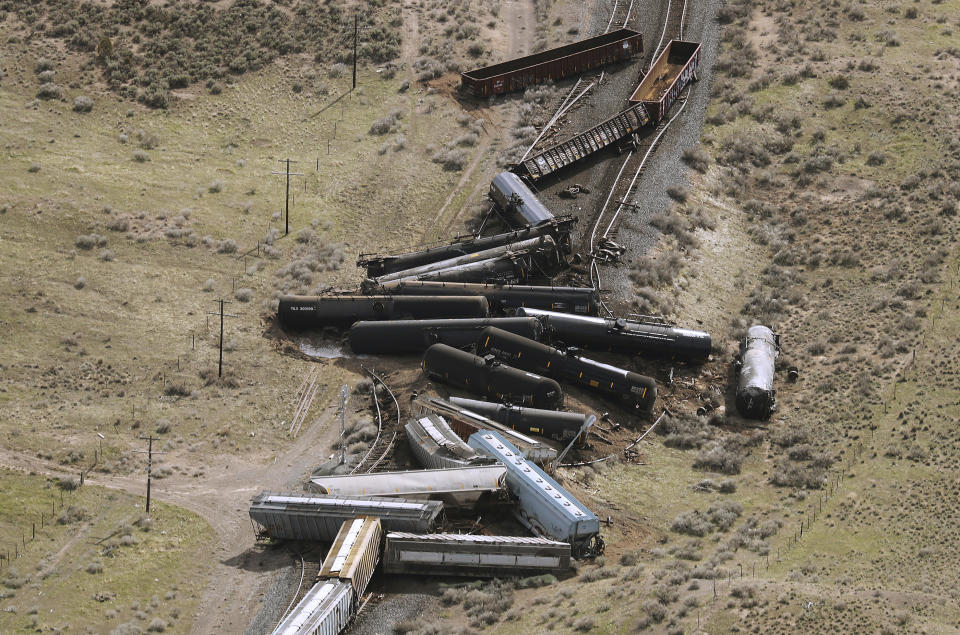 Twenty three Union Pacific train cars derailed, on Saturday, March 30, 2019, releasing an unknown quantity of propane after one car overturned about six to eight miles south of Eureka, Utah. Officials blew up 11 derailed tanker cars containing propane and biodiesel in a controlled detonation Sunday night, March 31, 2019. No passengers were on board the train. (Jeffrey D. Allred/The Deseret News via AP)