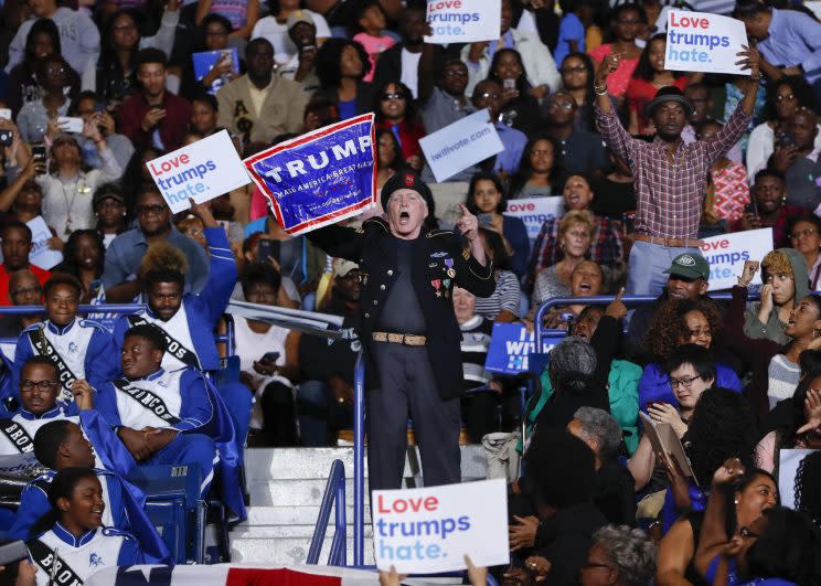 A supporter for Republican presidential candidate Donald Trump interrupts President Barack Obama's speech at Fayetteville State University, Friday, Nov. 4, 2016 in Fayetteville, N.C. (Photo: Pablo Martinez Monsivais/AP)