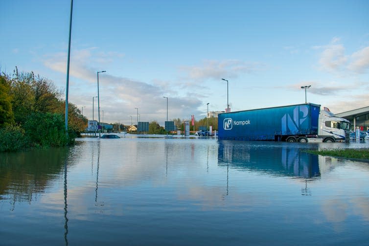 <span class="caption">After the River Don burst its banks in places, multiple roads in urban centres such as Rotherham flooded.</span> <span class="attribution"><a class="link " href="https://www.shutterstock.com/image-photo/rotherham-uk-november-8-2019-river-1553828930?studio=1" rel="nofollow noopener" target="_blank" data-ylk="slk:DnG Photography/Shutterstock;elm:context_link;itc:0;sec:content-canvas">DnG Photography/Shutterstock</a></span>