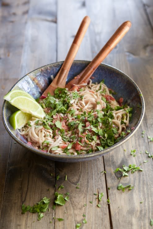 Noodles with Kale and Spicy Rhubarb Sauce