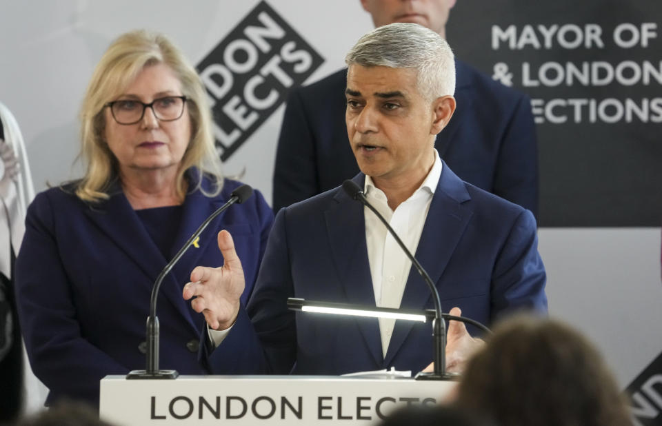 Labour's Sadiq Khan speaks after he is re-elected as the Mayor of London, at City Hall, London, Saturday May 4, 2024. ( Jeff Moore//PA via AP)