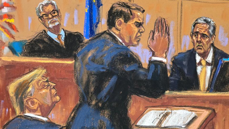 PHOTO: Michael Cohen is asked about taking an oath as he is cross-examined by defense lawyer Todd Blanche during former President Donald Trump's criminal trial in Manhattan state court in New York City, May 16, 2024 in this courtroom sketch. (Jane Rosenberg via Reuters)