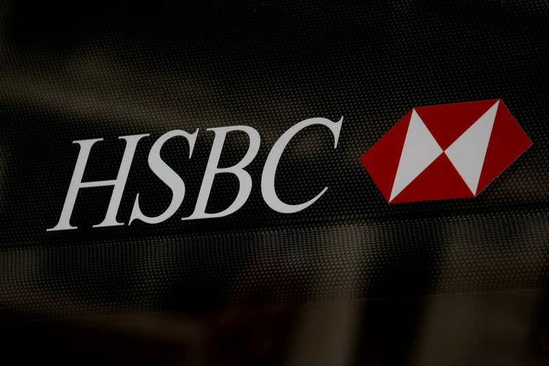 HSBC logo is seen on a branch bank in the financial district in New York