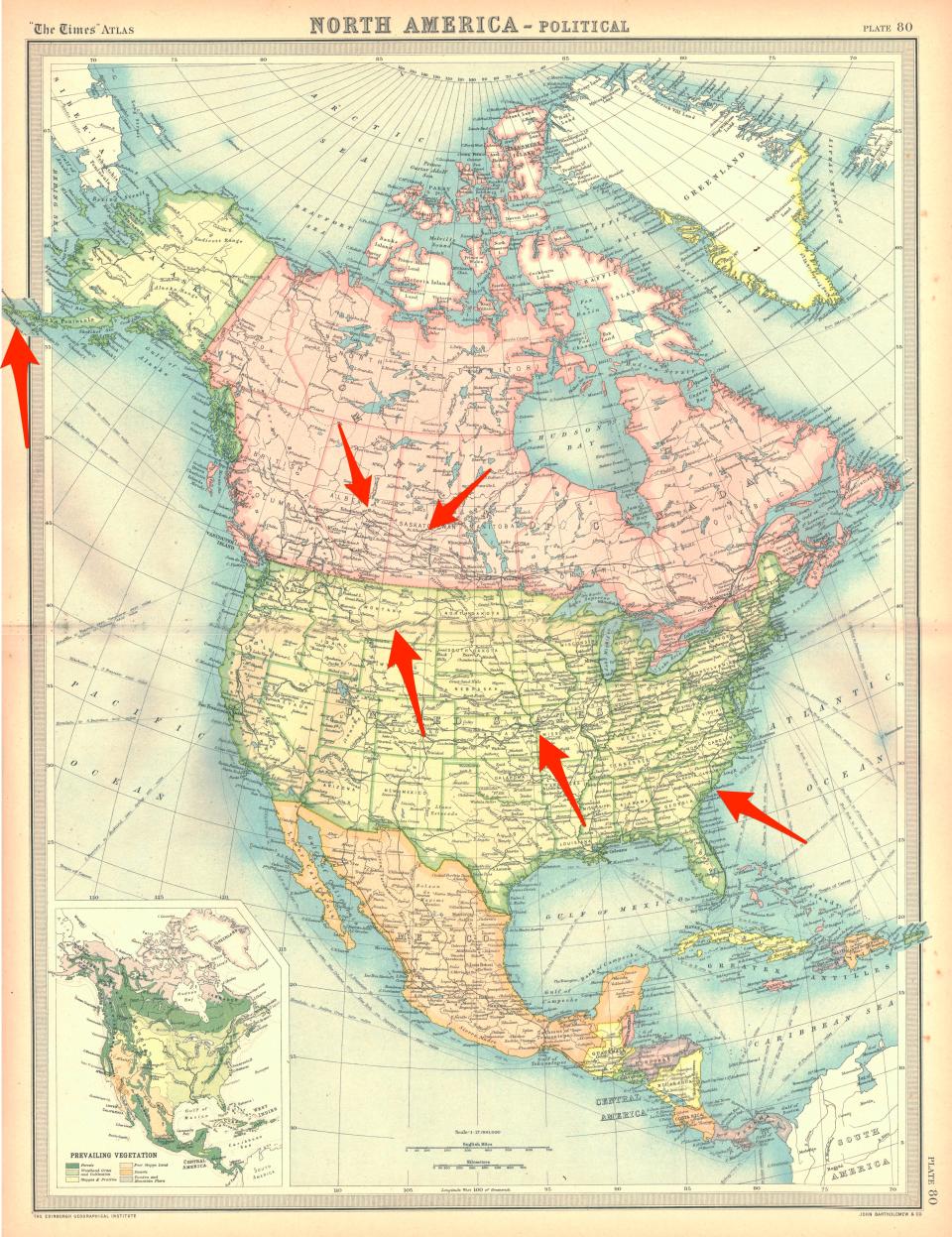 A map of the United States, with arrows pointing to where the Chinese surveillance balloon was spotted.