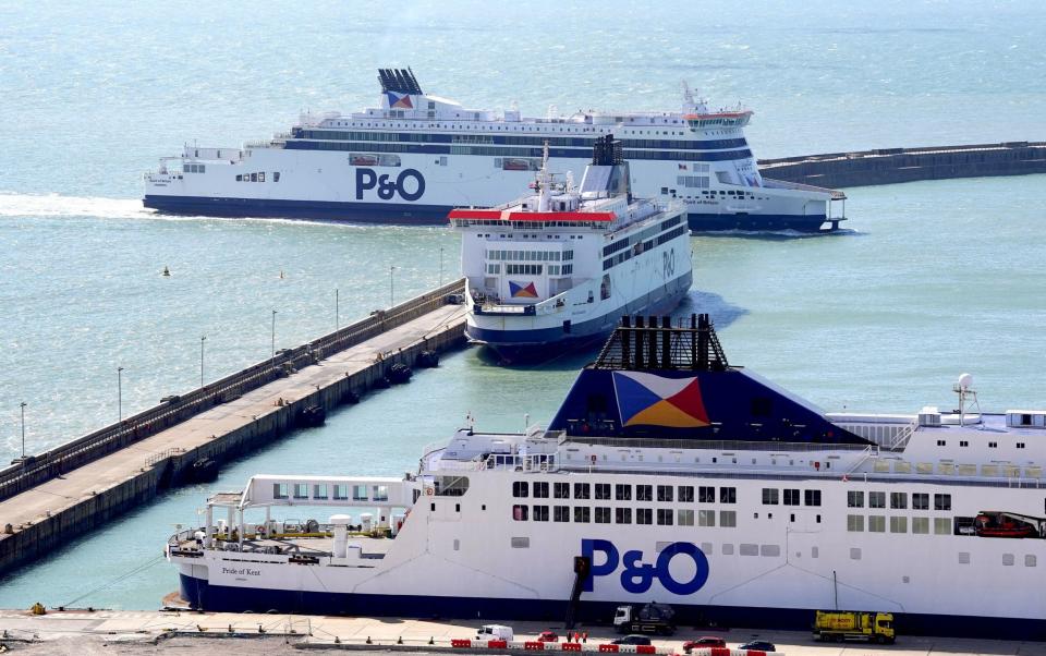 The Spirit of Britain (top) passes the Pride of Canterbury (middle) and the Pride of Kent (bottom) as it arrives at the Port of Dover, in Kent, after completing further sea trials as P&O Ferries prepare to resume Dover-Calais sailings for freight customers. The vessel was detained by the Maritime and Coastguard Agency (MCA) on April 12 after safety issues were found, but was cleared to sail last Friday. The ferry company sacked nearly 800 seafarers with no notice on March 17, replacing them with cheaper agency workers. Picture date: Tuesday April 26, 2022. PA Photo. See PA story SEA Ferries. Photo credit should read: Gareth Fuller/PA Wire - Gareth Fuller/PA Wire