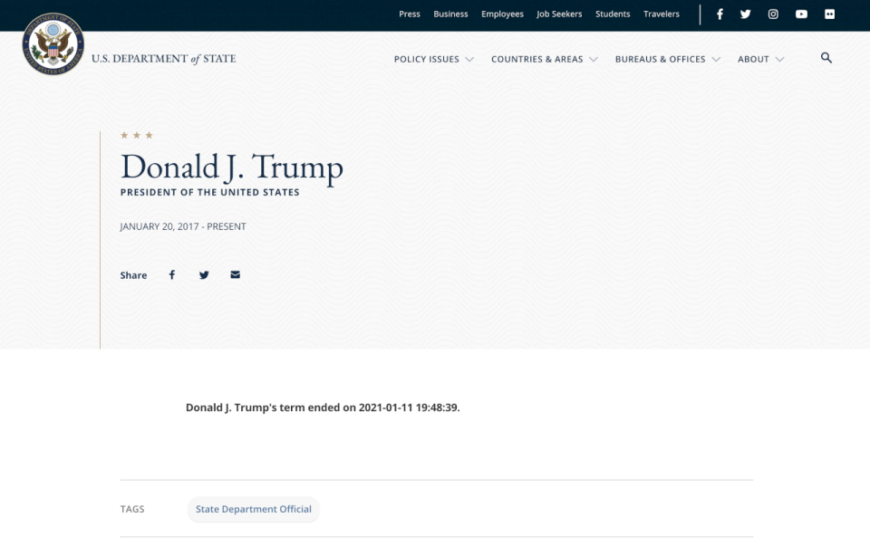美國務院網頁凸搥，提前聲稱川普任期告終。 (網路圖片)