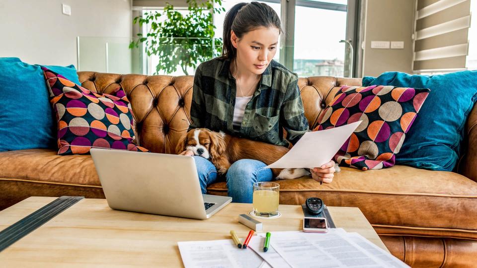 woman working from home in the company of her puppy.