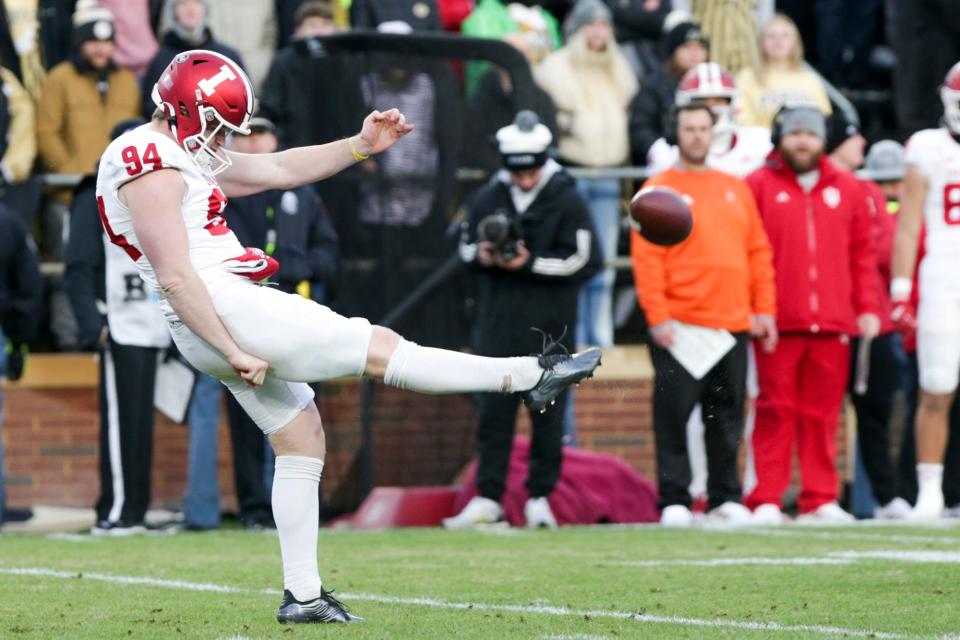 Indiana punter James Evans (94) punts during the second quarter of an NCAA college football game, Saturday, Nov. 27, 2021 at Ross-Ade Stadium in West Lafayette.