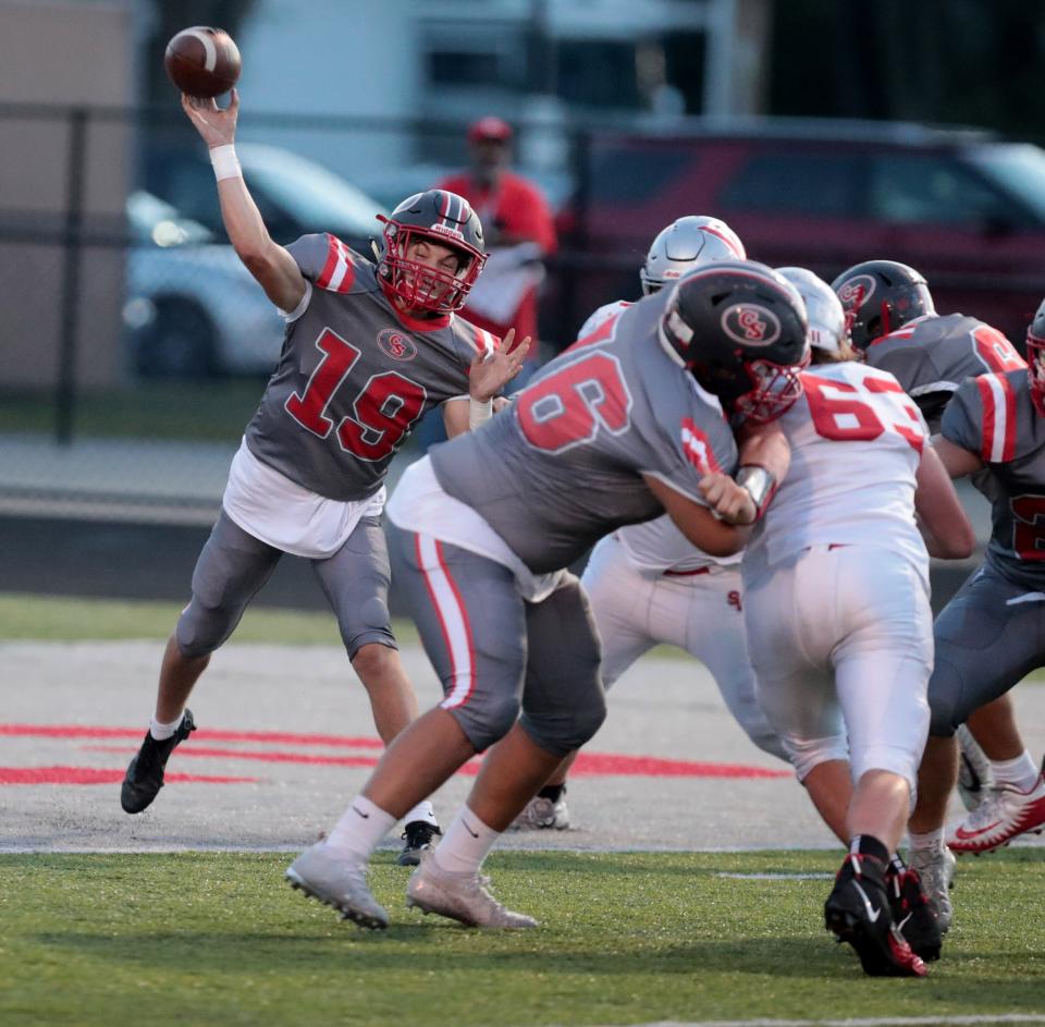 Canton South's Poochie Snyder fires a pass during a high school football game against Sandy Valley at Brechbuhler Stadium on Friday, September 2, 2022.