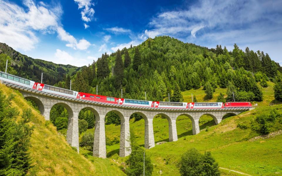  Train on famous landwasser Viaduct bridge