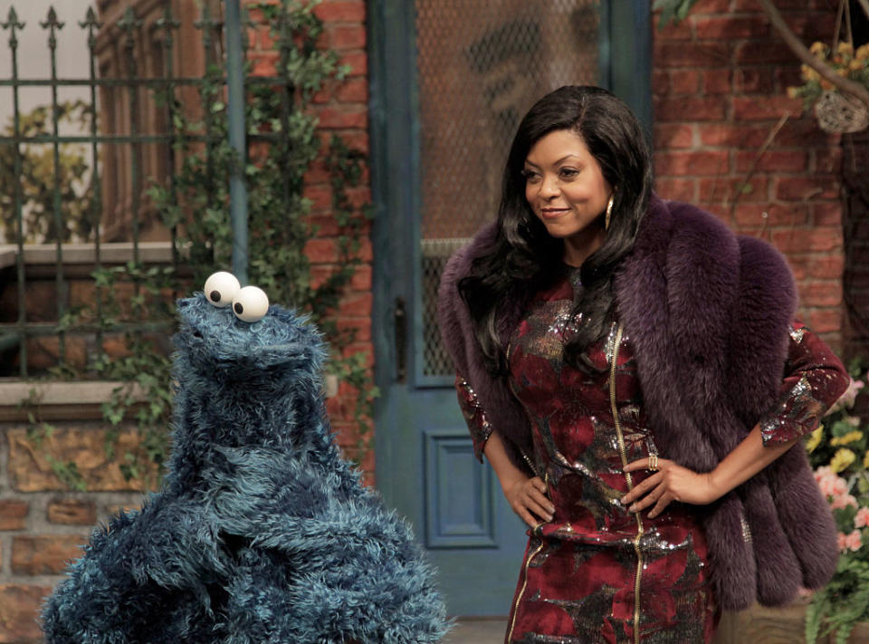 Taraji P. Henson and a wannabe Cookie Monster star in a <em>Sesame Street</em> sketch on <em>Saturday Night Live</em> in April 2015. (Photo: Dana Edelson/NBC/NBCU Photo Bank)