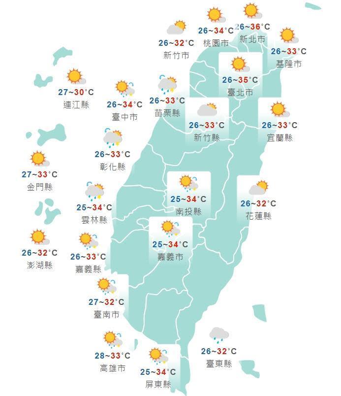 全台各地白天天氣狀況一覽。（翻攝自中央氣象局官網）