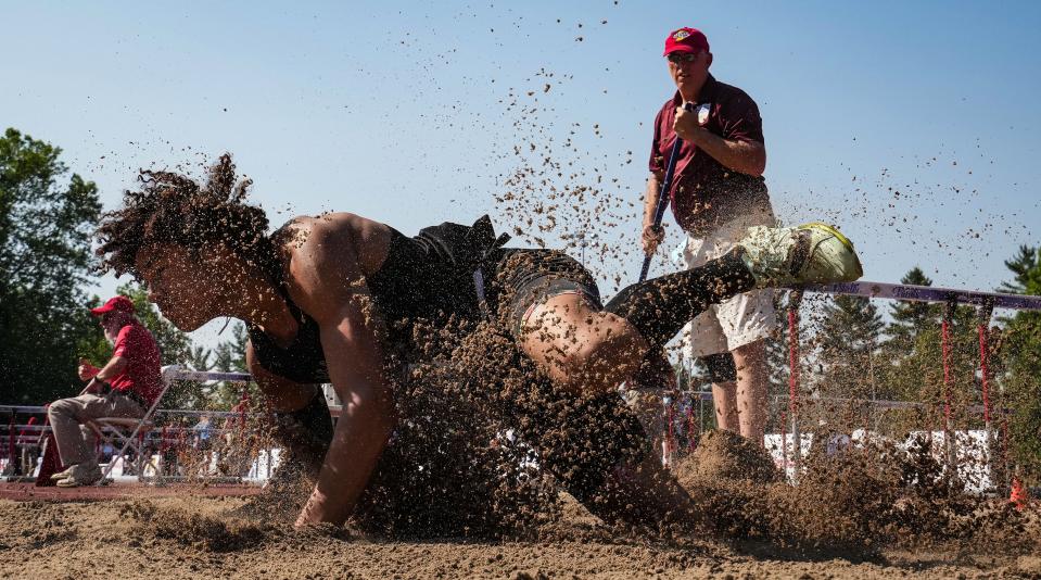 Penn Elijah Coker competes in the long jump Friday, June 2, 2023, during the IHSAA boys track and field state finals at Robert C. Haugh Track and Field Complex at Indiana University in Bloomington. 