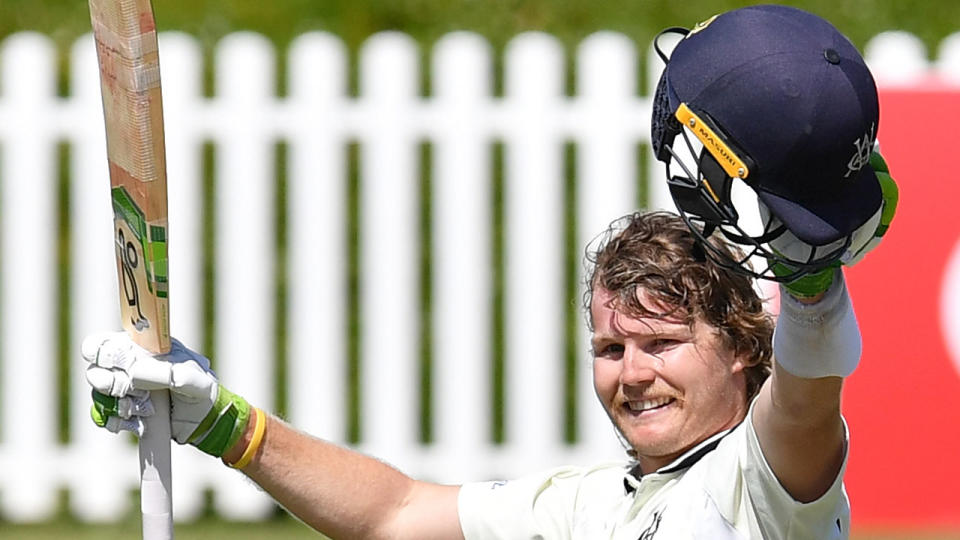 Pictured here, Will Pucovski salutes Victoria teammates after an amazing double century.
