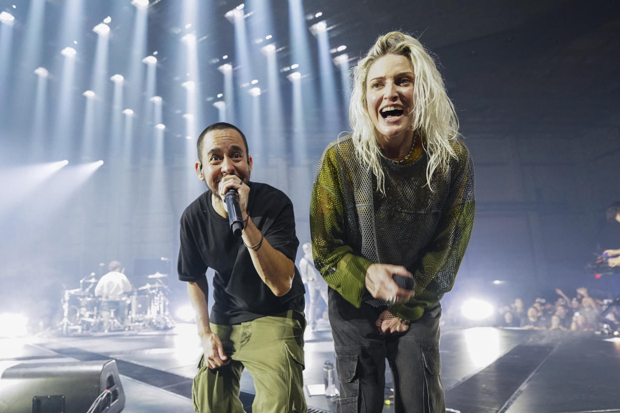 Mike Shinoda and Emily Armstrong of Linkin Park perform onstage.