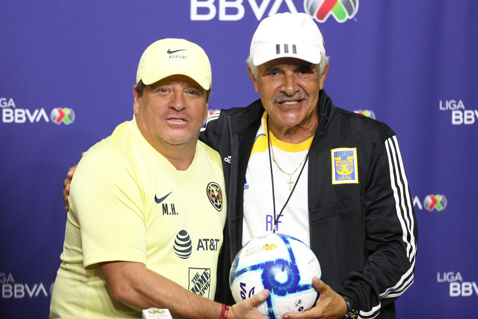 CARSON, CA - JULY 13: Head coach of Club America, Miguel Herrera and Head coach of Club Tigres, Ricardo Ferreti poses for picture during the Campeon de Campeones Cup Press Conference at Dignity Health Sports Park on July 13, 2019 in Carson, California. (Photo by Omar Vega/Getty Images)