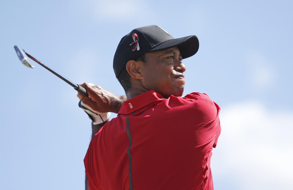 Tiger Woods hit a goose on Sunday. Don’t worry, the goose was fine and Woods hit the ball into the fairway. (AP Photo/Wilfredo Lee)