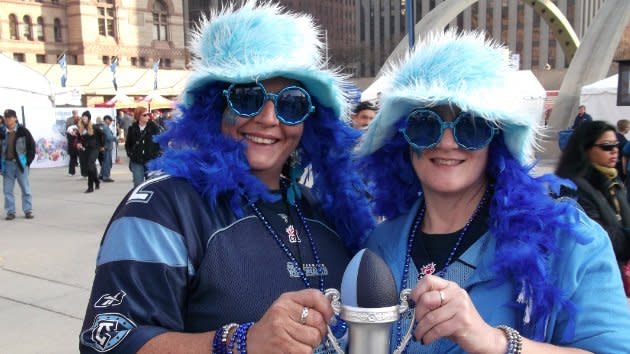 "Thelma and Louise Danger" - longtime Argonauts fans - wished there were more Argos fans showing their support in Toronto. (Yahoo! Canada Sports/Dustin Pollack)
