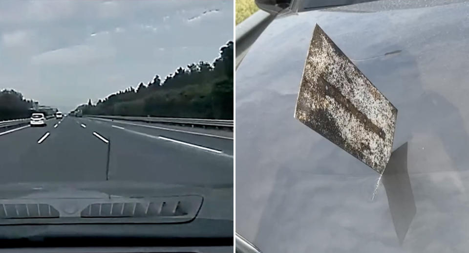 Dashcam of the piece of metal hitting the bonnet and stuck in the bonnet. 