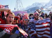 U.S. fans cheer during the men's freestyle skiing slopestyle finals at the 2014 Sochi Winter Olympic Games in Rosa Khutor February 13, 2014. REUTERS/Lucas Jackson (RUSSIA - Tags: SPORT SKIING OLYMPICS)