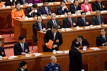 Chinese President Xi Jinping stand up with his ballot before a vote at the fifth plenary session of the National People's Congress (NPC) at the Great Hall of the People in Beijing, China March 17, 2018. REUTERS/Jason Lee