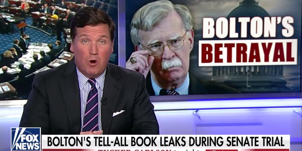 Fox host Tucker Carlson condemns John Bolton during his Monday show.