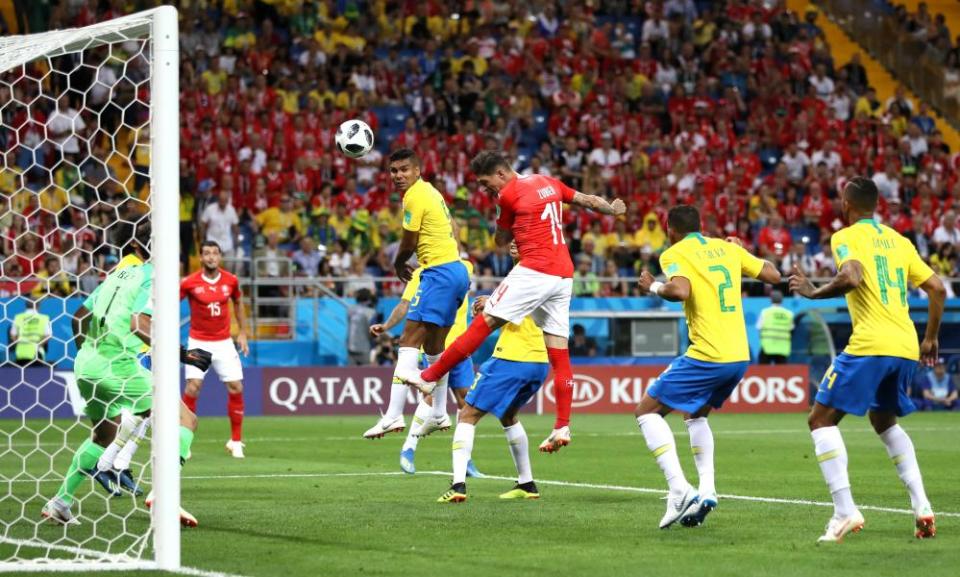 Steven Zuber heads in Switzerland’s equaliser after putting his hands on Miranda’s back as the cross came into the Brazil penalty area. 