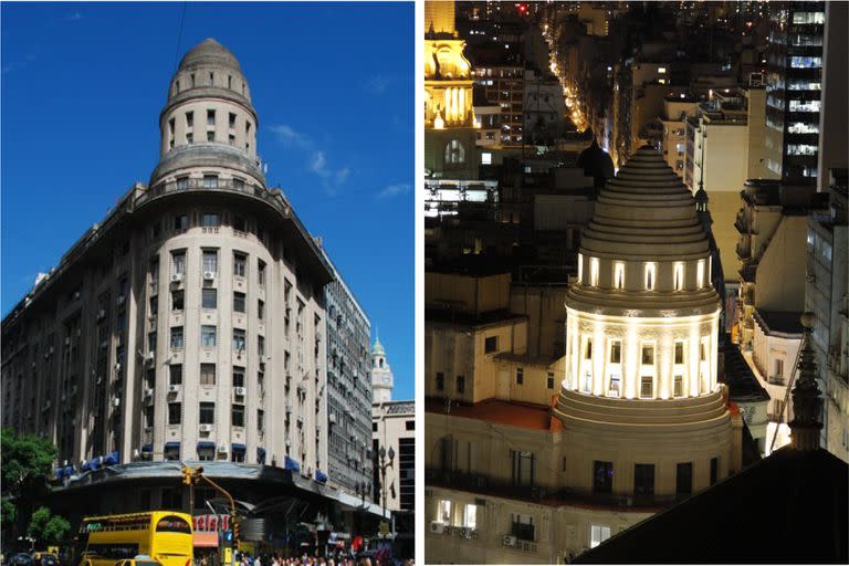 Antes y después de la Equitativa del Plata, uno de los edificios que integra el programa de restauración e iluminación de fachadas del Plan de transformación del Microcentro porteño
