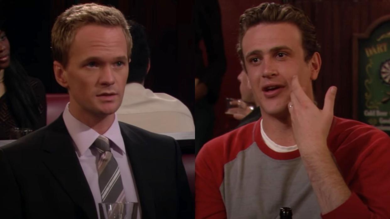  From left to right: Screenshots of Barney looking scared and Marshall holding his hand up to his face in How I Met Your Mother. 