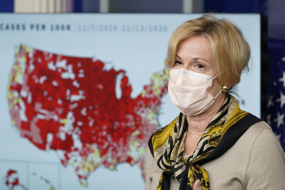 FILE - In this Nov. 19, 2020, file photo, White House Coronavirus Response Coordinator Dr. Deborah Birx speaks during a news conference with the coronavirus task force at the White House in Washington. On Friday, June 4, 2021, The Associated Press reported on stories circulating online incorrectly asserting the U.S. military has arrested Birx for conspiring to push face masks on Americans during the COVID-19 pandemic. Birx, former coordinator of the White House coronavirus response, has not been arrested. (AP Photo/Susan Walsh, File)