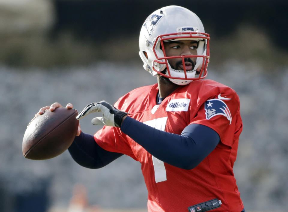 FILE - New England Patriots quarterback Jacoby Brissett (7) passes during NFL football practice, Wednesday, Dec. 28, 2016, in Foxborough, Mass. One thing Jacoby Brissett has learned during his eight-year NFL career is to maximize opportunity. That is how he is approaching his second stint with the New England Patriots. (AP Photo/Elise Amendola, FIle)