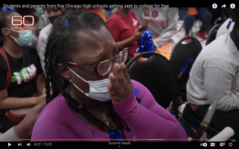 Yolanda White learns that Hope Chicago will send not only her son Ajani Cunningham to college for free but her as well. (Youtube screenshot via 60 Minnutes)