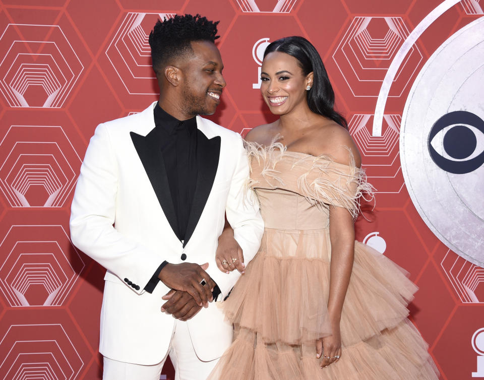 Leslie Odom Jr., left, and Nicolette Robinson arrive at the 74th annual Tony Awards at Winter Garden Theatre on Sunday, Sept. 26, 2021, in New York. (Photo by Evan Agostini/Invision/AP)