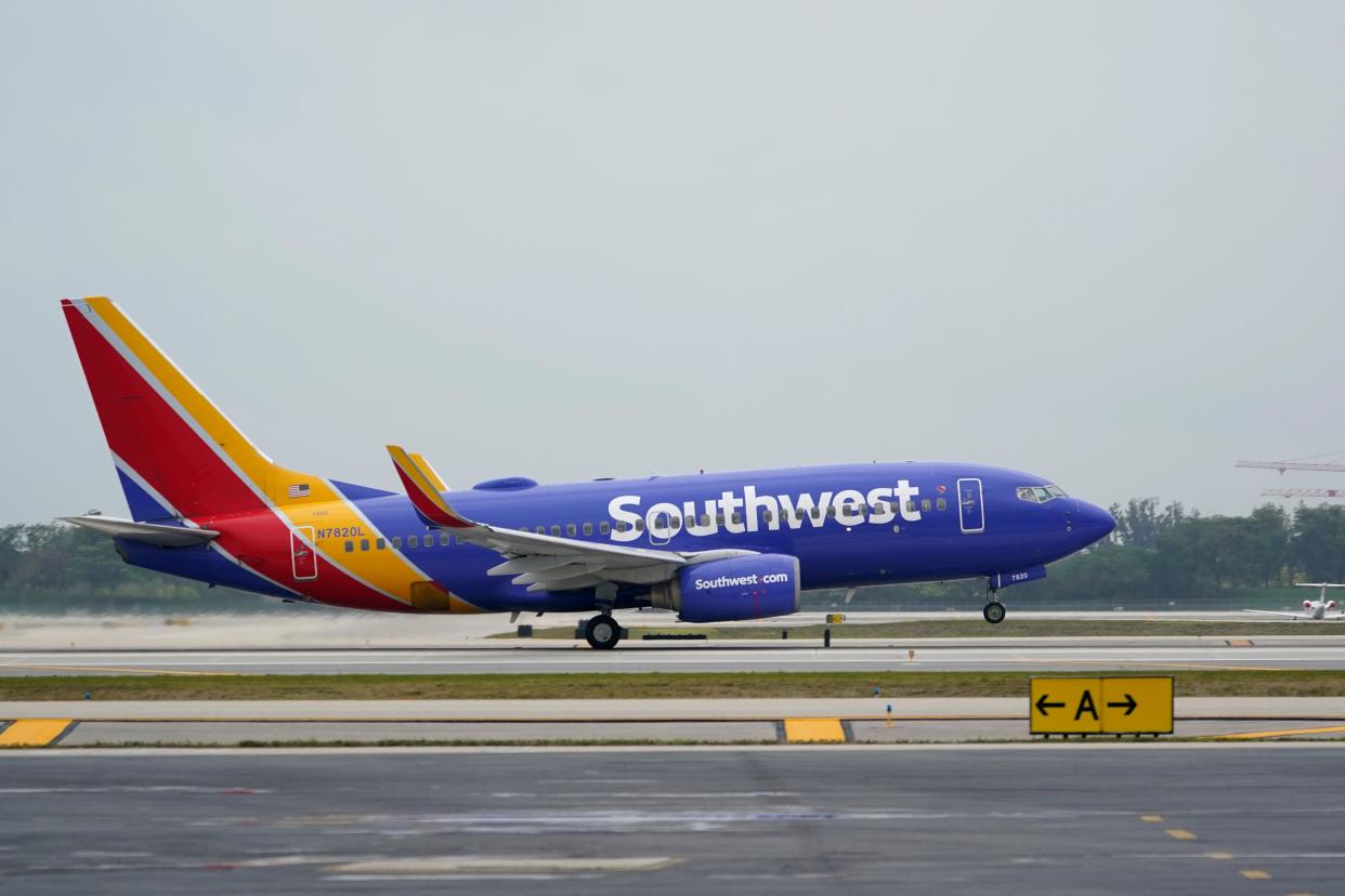 A Southwest Airlines Boeing 737 passenger plane takes off from Fort Lauderdale-Hollywood International Airport, Tuesday, April 20, 2021, in Fort Lauderdale, Fla.