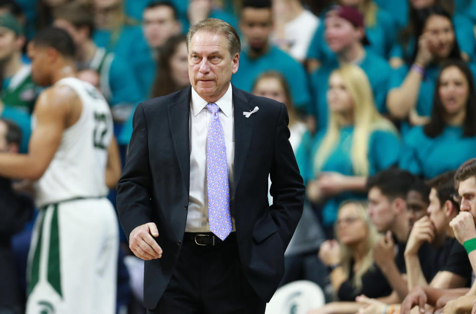 Tom Izzo, the head basketball coach for the MSU Spartans, watches the game against the University of Wisconsin at East Lansing's Breslin Center on Friday. (Rey Del Rio via Getty Images)