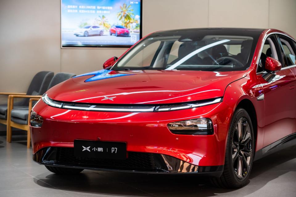 Mandatory Credit: Photo by Alex Tai/SOPA Images/Shutterstock (10925185h)Xpeng Motors P7 electric vehicle seen at a store in ShenzhenBrands and Logos in Shenzhen, China - 5 Oct 2020.