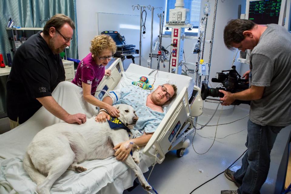 In this Nov. 7, 2012, photo released by Shelter Me shows Finn, a former shelter dog bringing comfort to patient Jacob Chodash, who had a brain tumor removed, and his parents at the Ronald Reagan UCLA Medical Center in Los Angeles. (AP Photo/Shelter Me, Martin Ehleben)
