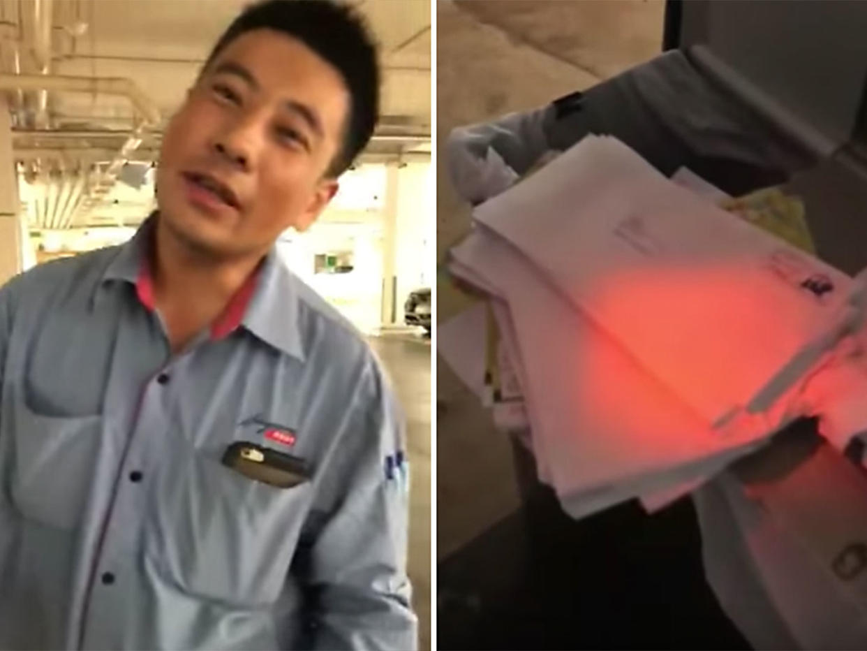 Screengrabs from a viral video showing the SingPost mailman being confronted for his alleged actions.