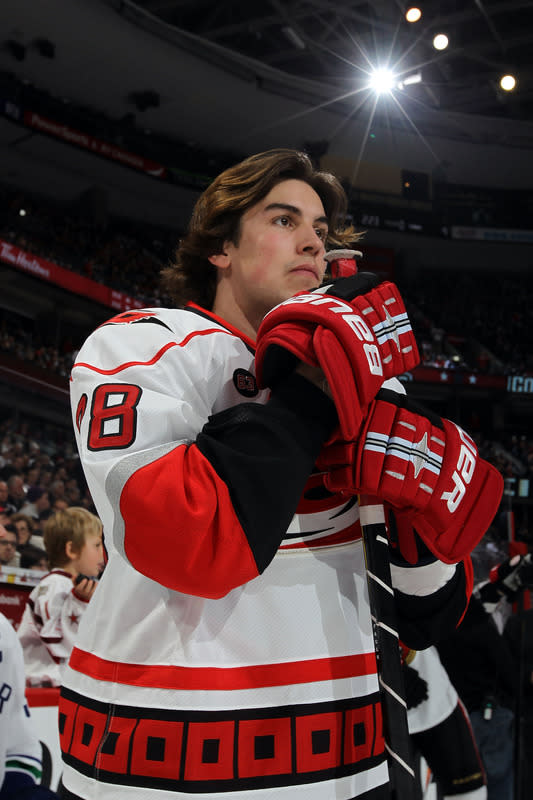 OTTAWA, ON - JANUARY 28: Justin Faulk #28 of the Carolina Hurricanes and team Alfredsson looks on during the 2012 Molson Canadian NHL All-Star Skills Competition at Scotiabank Place on January 28, 2012 in Ottawa, Ontario, Canada. (Photo by Bruce Bennett/Getty Images)