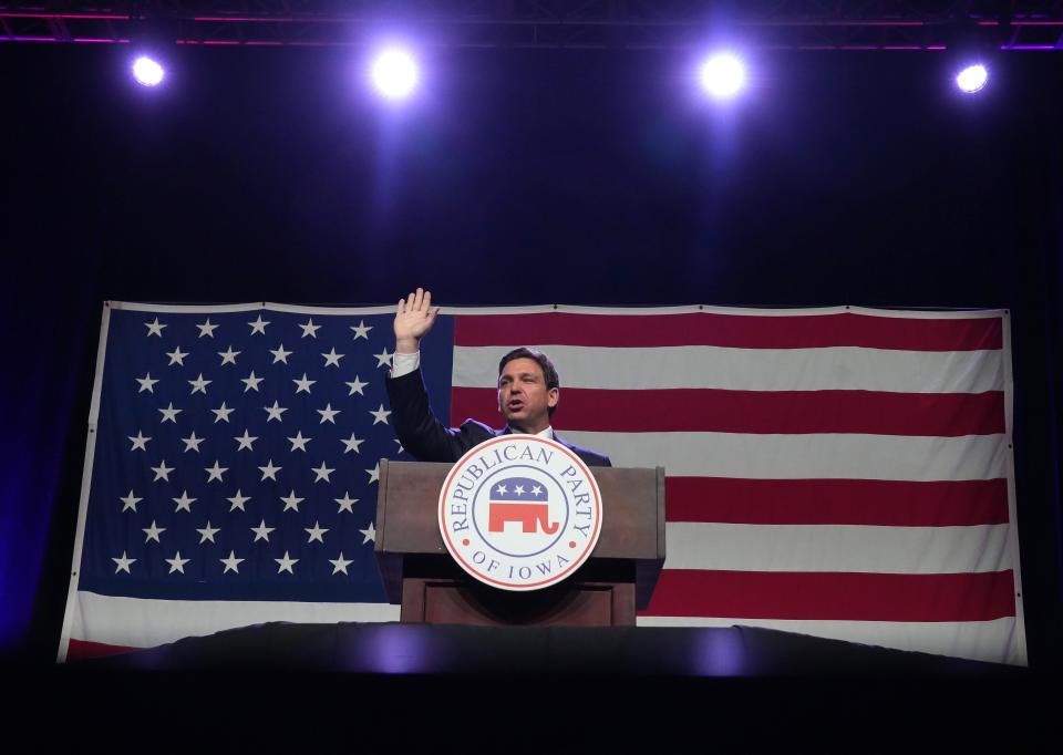 Florida governor and Republican presidential candidate hopeful Ron DeSantis speaks during the Lincoln Dinner on Friday, July 28, 2023, at the Iowa Events Center in Des Moines.