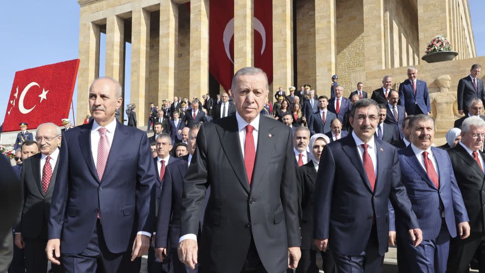 Turkish President Recep Tayyip Erdogan (C) and state officials in Ankara, Turkey on October 29. - Adem Altan/AFP/Getty Images