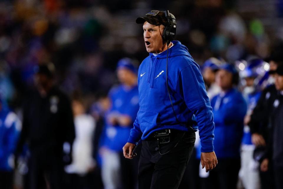 Oct 14, 2023; Colorado Springs, Colorado, USA; Air Force Falcons head coach Troy Calhoun in the third quarter against the Wyoming Cowboys at Falcon Stadium.